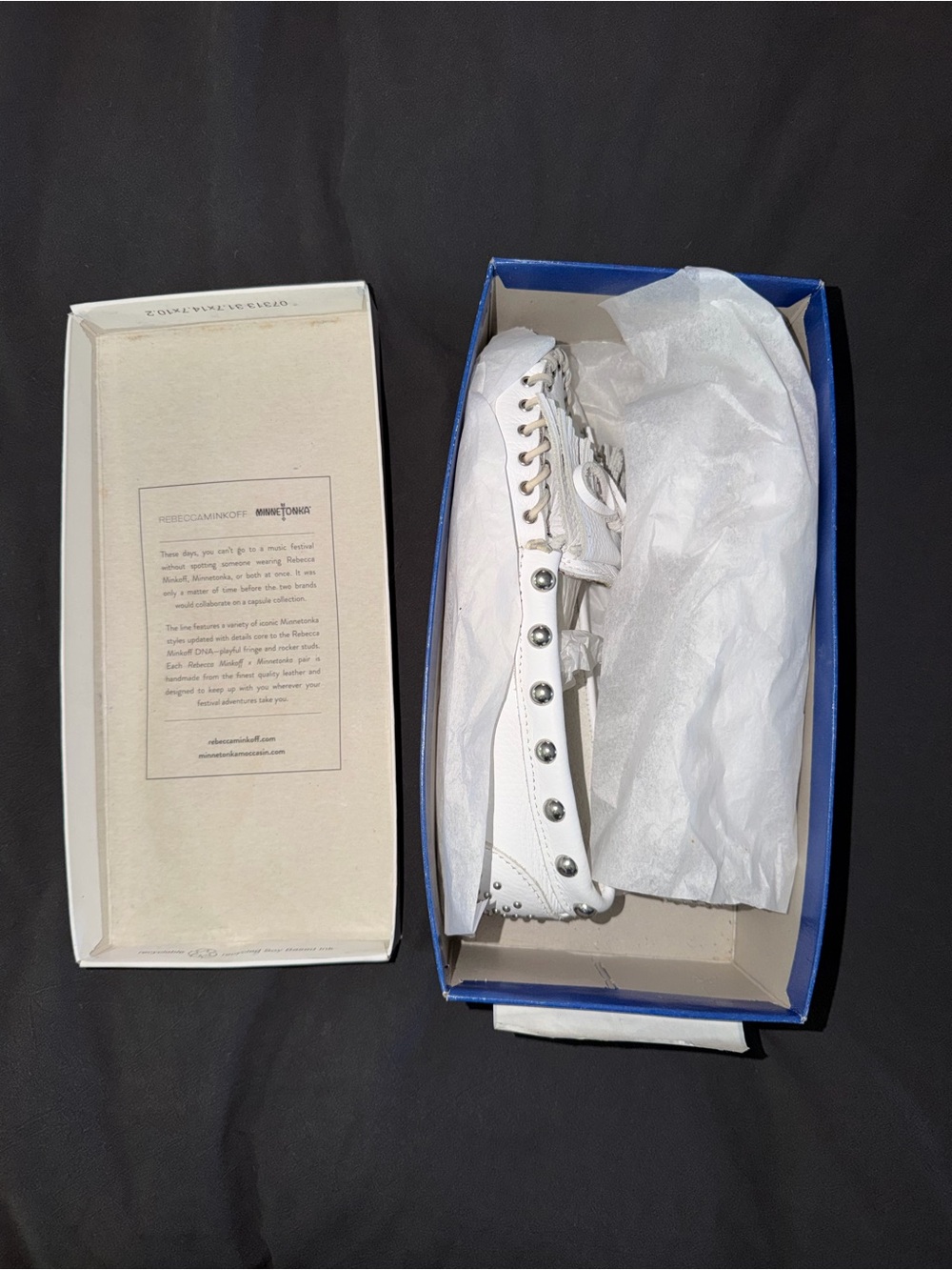 NIB Rebecca Minkoff x Minnetonka Studded Kilty Moc White Leather Size 10